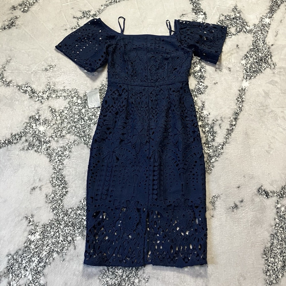 Chelsea28 Dress Womens Size‎ 6 Navy Blue Combo Lace Off the Shoulder Midi